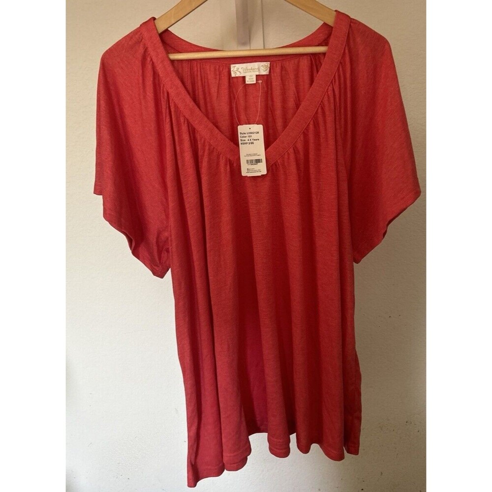 Weekend Suzanne Betro Blouse Shirt Womens 4X Light Red/White Short Sleeve Top